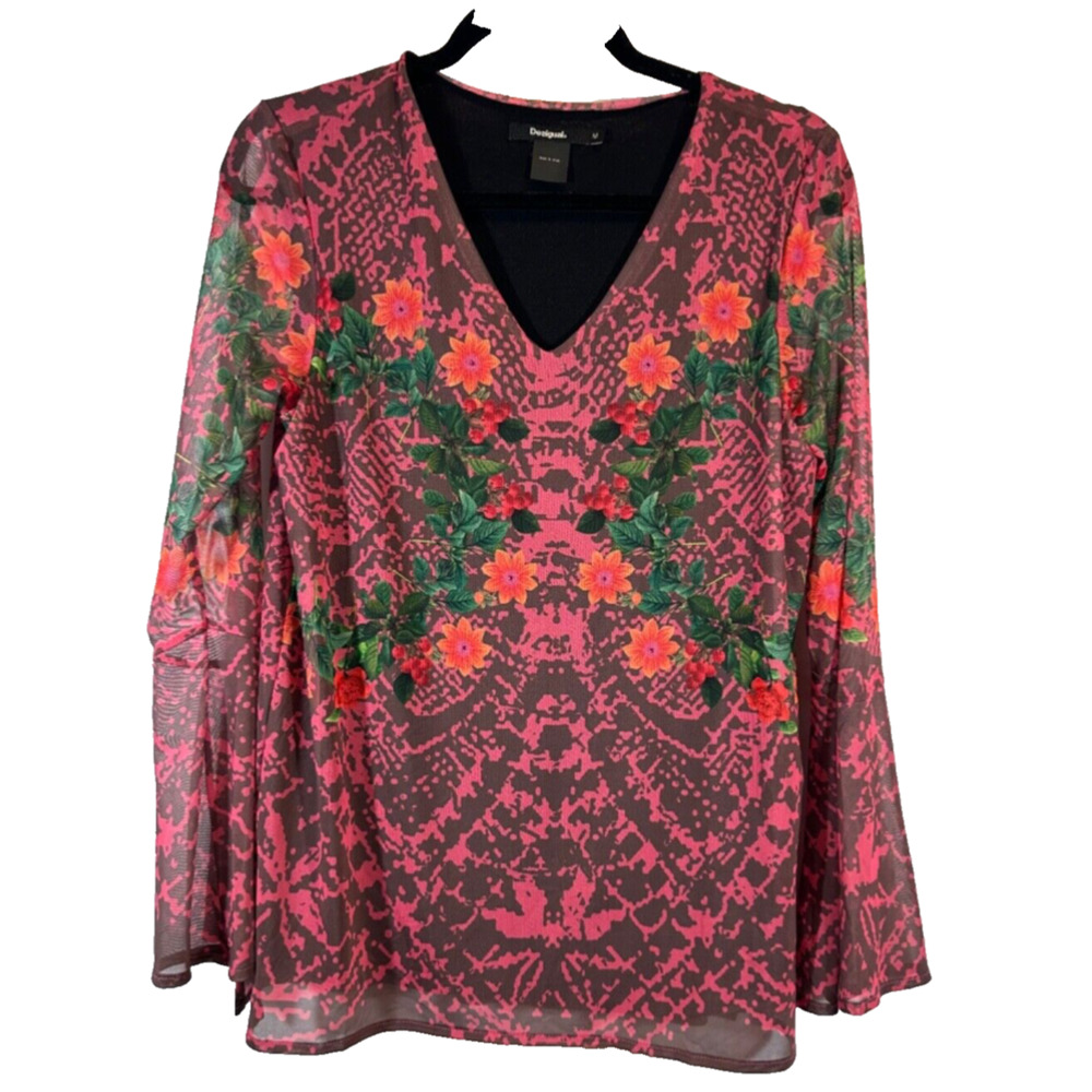 Desigual Sheer Floral Print Top Black Red Size M Blouse Bell Sleeve Layered A50